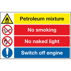 Panneau interdiction, avec pictogramme : Défense de fumer 'No Smoking No Naked Lights, Warning Petroleum Mixture ( Prix pour 1 )