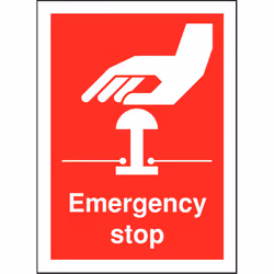 Message texte = Emergency Stop Langage du texte = Anglais Pictogramme = Arrêt d'urgence Auto-adhésif = Oui Matériau = Vinyle  ...