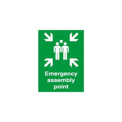 Panneau de sécurité incendie Auto-Adhésif, Emergency Assembly Point, texte en Anglais, Vert/Blanc, Plastique ( Prix pour 1 )