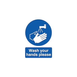 Panneau obligation, avec pictogramme : Lavage des mains obligatoire 'Wash Your Hands Please' , en pp ( Prix pour 1 )