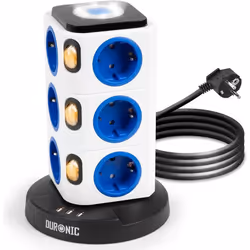 Duronic ET12L Tour Multiprise avec 3 ports USB-A  Veilleuse tactile  12 Prises 3680W 13A  Multiprise avec parasurtenseur