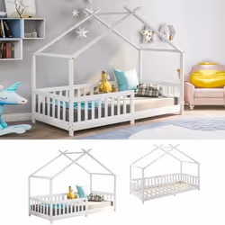 Lit cabane enfant 90 x 200 cm - Bois pin massif coloris blanc - Sommier et barrières inclus - MERAX