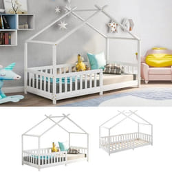 Lit cabane enfant 90 x 200 cm - Bois pin massif coloris blanc - Sommier et barrières inclus - MERAX
