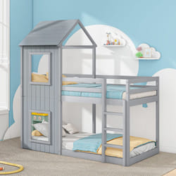 Lit superposé cabane 90x200cm - en bois massif - avec 2 fenêtres - Gris