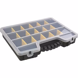 Nombre de compartiments = 17 Hauteur = 60mm Largeur = 395mm Profondeur = 305mm Compartiments ajustables = Oui Couvercle trans ...