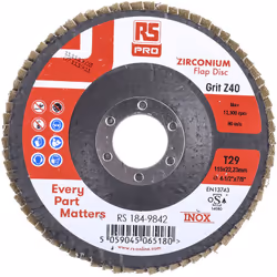 Diamètre du disque = 115mm Matériau abrasif = Dioxyde de zirconium grain = P40 Disque à lamelles en zirconium de RS Pro Prése ...