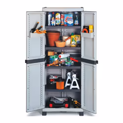 Type = Armoire A poser = Oui Nombre de portes = 2 Nombres d'étagères = 4 Verrouillable = Oui Matériau = PP Couleur = Gris Dim ...