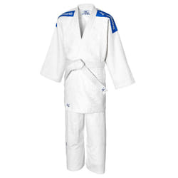 Costume Judogi - Mizuno - Kodomo Plus - Adulte - Manches longues - 100% coton - Blanc/Bleu