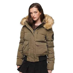 Doudoune bomber Everest Superdry - Veste Femme - Vert Olive Militaire - Capuche doublée de borg