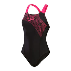 Maillot De Bain Femme Speedo Medley Logo 1 Pièce - Noir/Rose Electrique - Dos Ouvert - Tissu Stretch