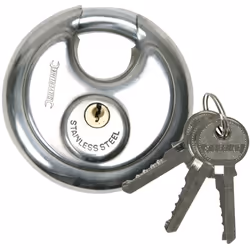 Cadenas de sécurité de forme circulaire en acier inoxydable robuste à anse en acier trempé. Cylindre en laiton. Comprend 3 cl ...