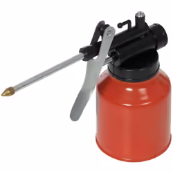 Burette à filtre en laiton, tête matricée, bec rigide et gâchette de déclenchement.