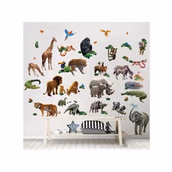 Stickers enfant Walltastic - 100% décoration jungle ! Thème Jungle : Lion, singe, éléphant, girafe, zèbre, hippopotame, liane ...
