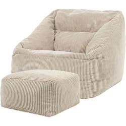 Pouf Fauteuil en Velours Côtelé Morgan et Repose-Pieds, xxl Pouf Geant pour Salon, Pouf Poire Adultes, Beige, oeko-tex - Icon