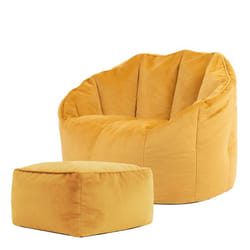 Pouf Fauteuil en Velours Sirena et Repose-Pieds - ICON - Jaune Ocre - Intérieur - 1 Place - 74x77 cm