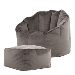Pouf Fauteuil en Velours Sirena et Repose-Pieds - ICON - Gris Anthracite - 1 personne - 77x74cm - Intérieur