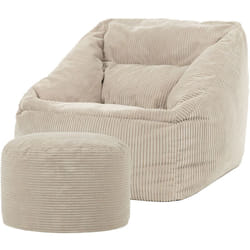Pouf Fauteuil en Velours Côtelé Morgan et Rond Repose-Pieds, xxl Pouf Geant pour Salon, Pouf Poire Adultes, Beige, oeko-tex - Icon