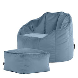 Pouf fauteuil Icon avec repose-pied velours salon 77x74cm Bleu minéral