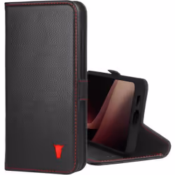 Étui Portefeuille en Cuir de qualité supérieure TORRO Compatible avec Samsung Galaxy S24 FE 5G Noir avec détails Rouges