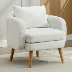 Fauteuil en tissu bouclette avec coussin épais - pieds en bois massif - blanc