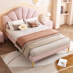 Lit double 140 x 200 cm lit coquillage rembourré en velours pièds en métal sommier à lattes rose