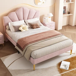 Lit double 140 x 200 cm lit coquillage rembourré en velours pièds en métal sommier à lattes rose