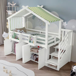 Lit superposé enfant - Merax - Blanc/Vert - 90x200cm - Garde-corps - Penderie - Casiers