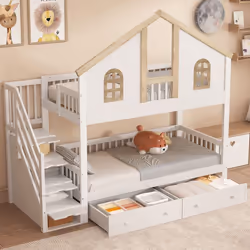 Lit superposé enfant - Merax - Blanc/Naturel - 90x200cm - Avec tiroirs et rangements
