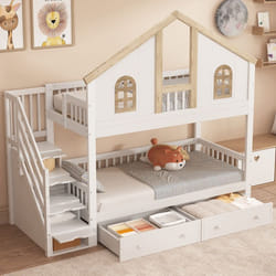 Lit superposé enfant - Merax - Blanc/Naturel - 90x200cm - Avec tiroirs et rangements