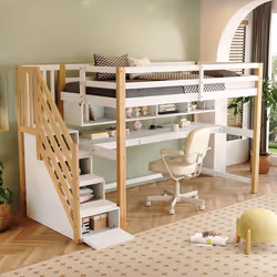 Lit mezzanine enfant - Merax - Bureau intégré - Étagères - Bois massif - Blanc
