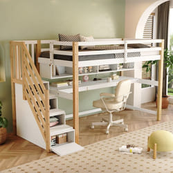 Lit mezzanine enfant - Merax - Bureau intégré - Étagères - Bois massif - Blanc