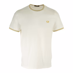T-Shirt - FRED PERRY - FP À Double Pointe - Blanc - Manches Courtes - Coton