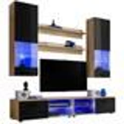 Meuble TV Mural Vida Extreme Furniture - LED bleues - Noir Brillant & Bois naturel - Façades en Brillant - L200cmxH195cmxP45cm