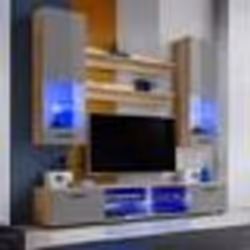Meuble TV Mural Vida Extreme Furniture - LED bleues - Gris Brillant & Bois naturel - Façades en Brillant - L200cmxH195cmxP45c ...