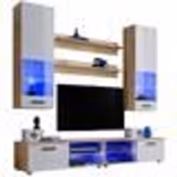 Meuble TV Mural Vida Extreme Furniture - LED bleues - Blanc Brillant & Bois naturel - Façades en Brillant - L200cmxH195cmxP45 ...