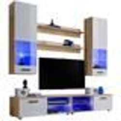 Meuble TV Mural Vida Extreme Furniture - LED bleues - Blanc Brillant & Bois naturel - Façades en Brillant - L200cmxH195cmxP45cm