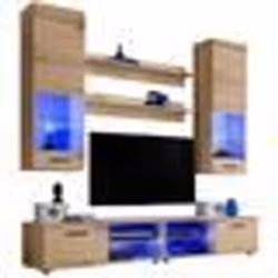 Meuble TV Mural Vida Extreme Furniture - LED bleues - Bois naturel & Bois naturel - Façades en Brillant - L200cmxH195cmxP45cm