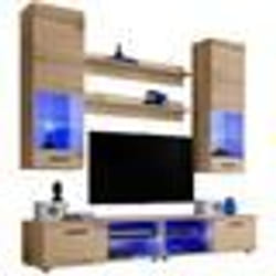 Meuble TV Mural Vida Extreme Furniture - LED bleues - Bois naturel & Bois naturel - Façades en Brillant - L200cmxH195cmxP45cm