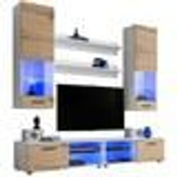 Meuble TV Mural Vida Extreme Furniture - LED bleues - Bois naturel & Blanc - Façades en Brillant - L200cmxH195cmxP45cm