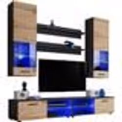 Meuble TV Mural Vida Extreme Furniture - LED bleues - Bois naturel & Noir - Façades en Brillant - L200cmxH195cmxP45cm