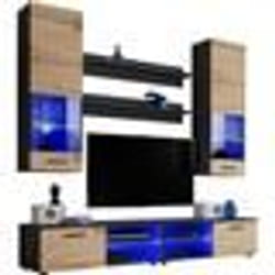 Meuble TV Mural Vida Extreme Furniture - LED bleues - Bois naturel & Noir - Façades en Brillant - L200cmxH195cmxP45cm