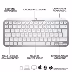 Logitech MX Keys Mini For Mac Minimalist Wireless Illuminated Keyboard clavier Bluetooth AZERTY Français Gris - Vue supplémentaire 6