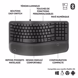 Logitech Wave Keys clavier ergonomique sans fil avec repose-poignets rembourré - Vue supplémentaire 6
