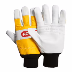 Gants de travail pour la coupe à la tronçonneuse avec protection anti-coupures sur le dessus de chaque gant.