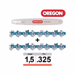 Pack 1 guide + 2 chaînes tronçonneuse Oregon 325 058 Longueur: 33 et 38cm (sélection en dessous du prix) Se monte sur tronçon ...