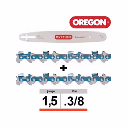 Pack 1 guide + 2 chaînes tronçonneuse Oregon 3/8 058 Longueur: 38, 45 et 50cm (sélection en dessous du prix) Se monte sur tro ...