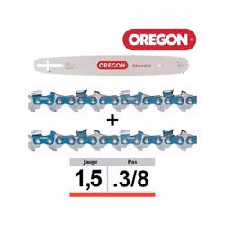 Kit de guide et chaînes pratique, comprenant un guide-chaîne Oregon AdvanceCut avec une longueur de coupe de 50 cm et deux ch ...