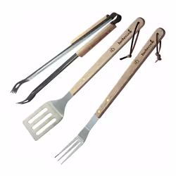 Set de barbecue avec 3 ustensiles, dont une spatule, une fourchette et une pince en acier inoxydable avec un manche en bois d ...