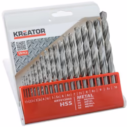 Forets pour métaux HSS Kreator en coffret de 19 mèches. Coffret 19 mèches : Diamètres 1, 1,5, 2, 2,5, 3, 3,5, 4, 4,5, 5, 5,5, ...