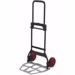 Diable pliant - 120 kg 485 x 350 mm 5,6 kg Ø 175 mm Cadre en acier avec poignée télescopique, bavette et roues repliables. Tr ...